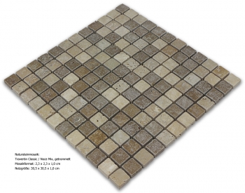 Mosaik, Kalkstein, Travertin Classic / Noce MIX, offenporig, getrommelt, 2,3 x 2,3 x 1,0 cm