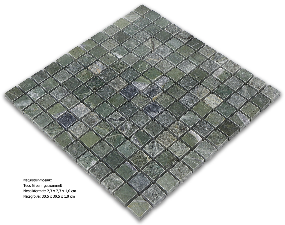Mosaik, Marmor, Teos Green, getrommelt, 2,3 x 2,3 x 1,0 cm
